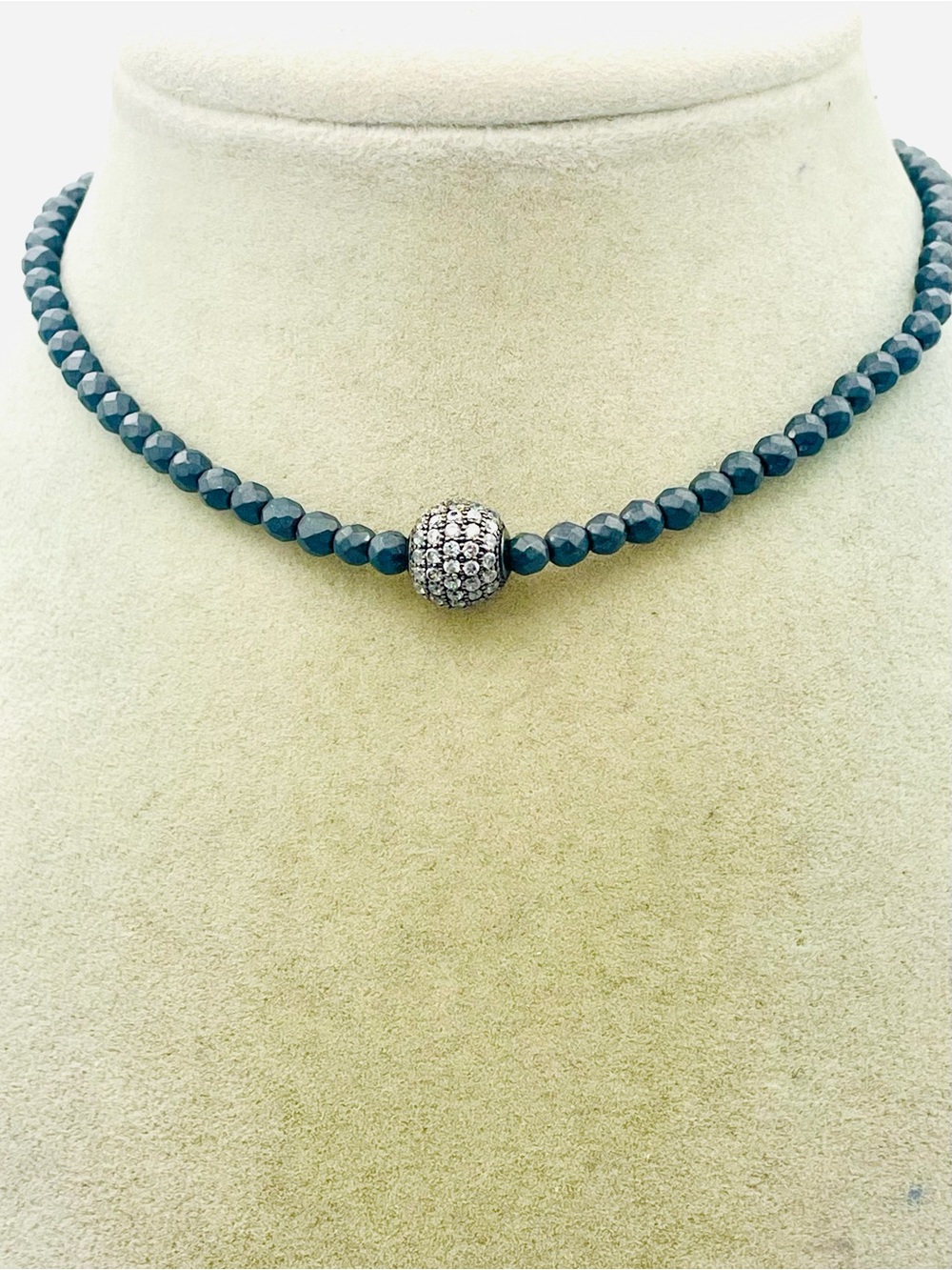 Love Poppy Hematite Black Faceted Bead Choker with Pave Crystal Bead. 16 inch